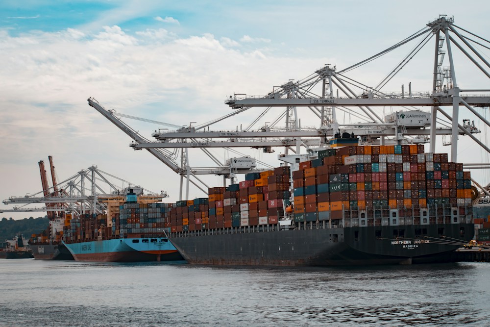 Container ship and loading cranes at a cargo port